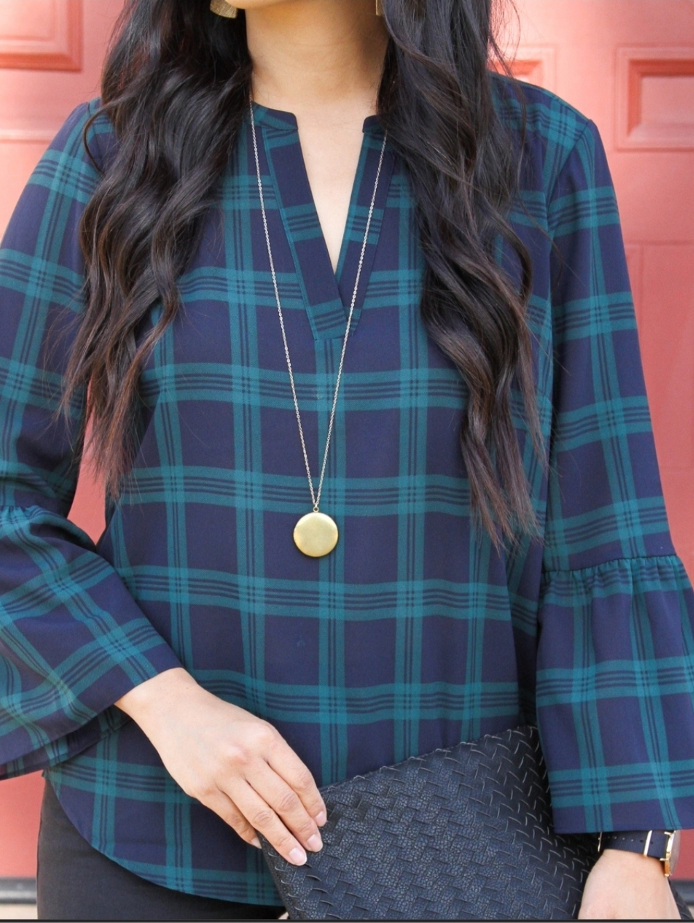 J.Crew Navy and Light Blue Plaid Split-Neck Popover Blouse With Bell Sleeves S